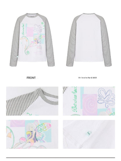 Loose Print Striped Raglan Top【s0000016378】