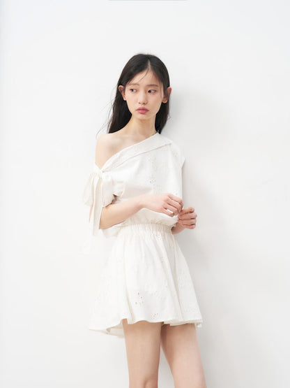 French Hollow Flower Slant Shoulder Dress【s0000013236】