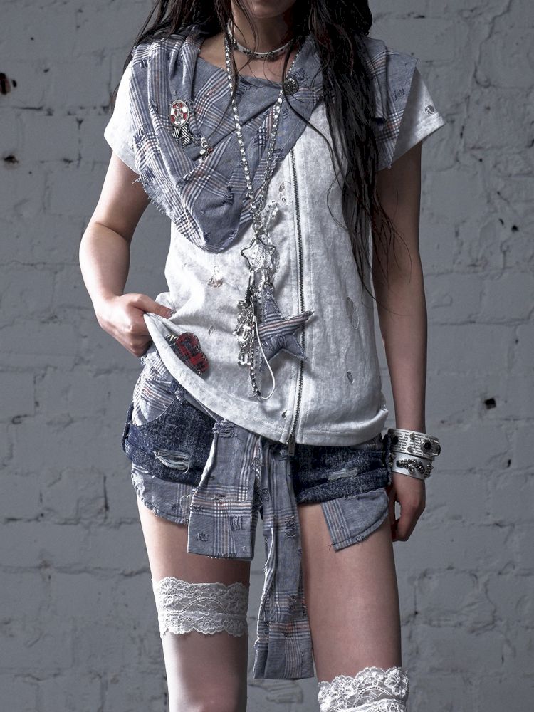 Faux two-piece distressed short-sleeved T-shirt【s0000012790】