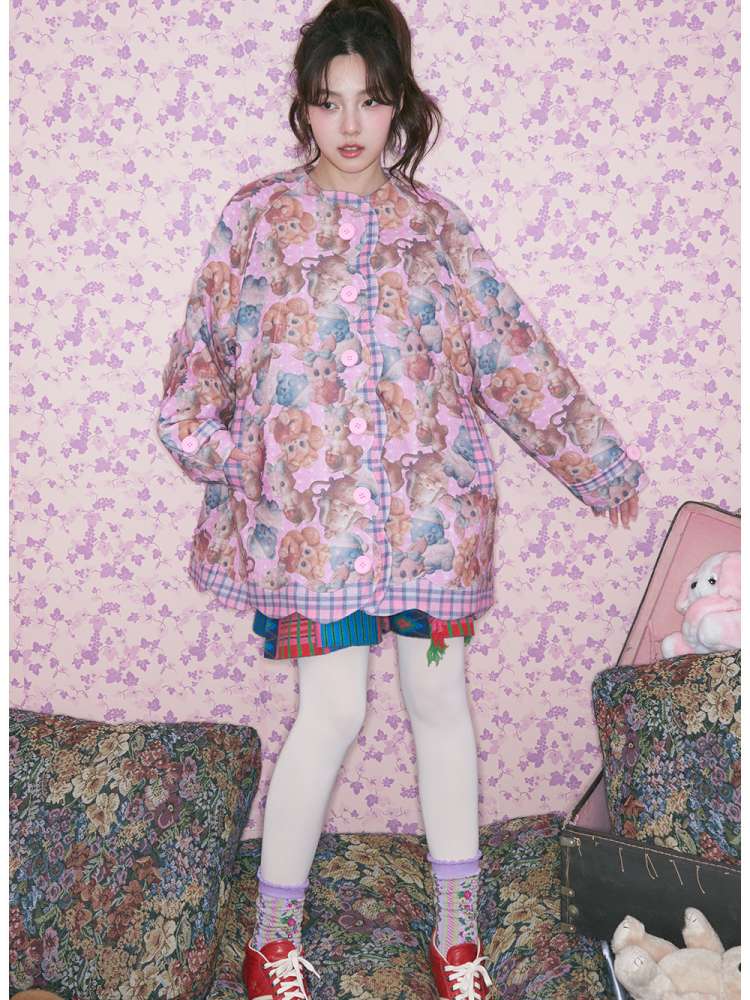Pink Plaid Animal Padded Jacket【s0000015026】