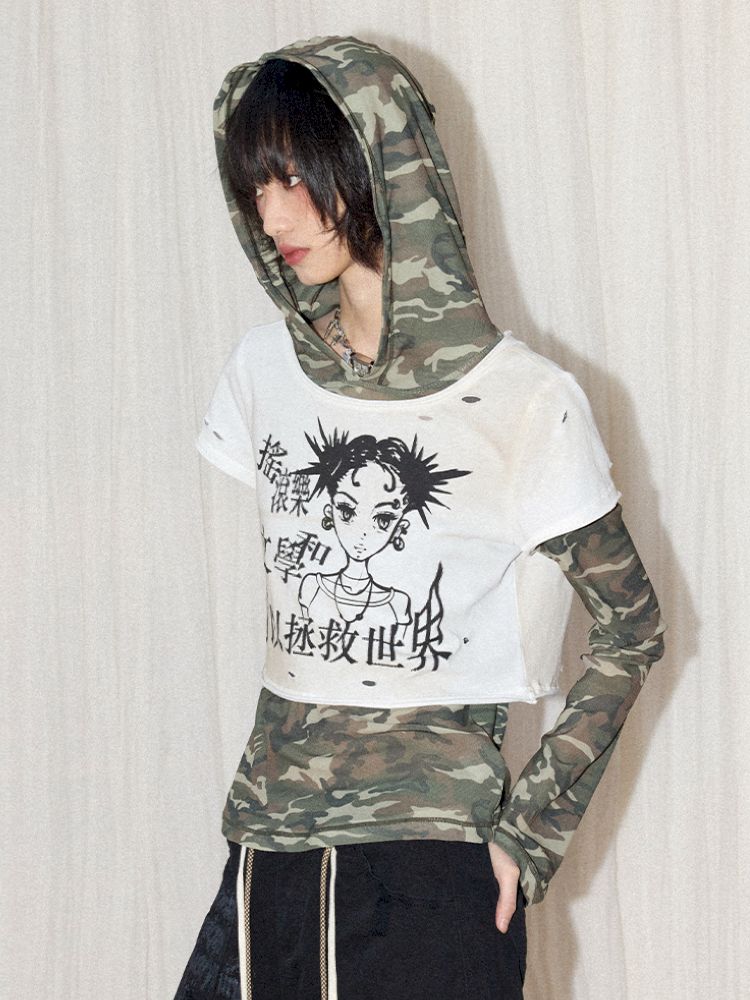Save the world camouflage hooded T【s0000012427】