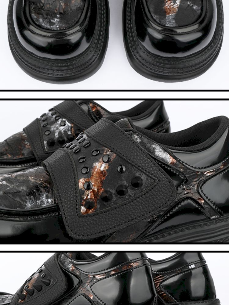 Rivets dark black small leather shoes【s0000013709】