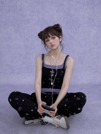 Black Purple Lace Print Trousers【s0000016649】