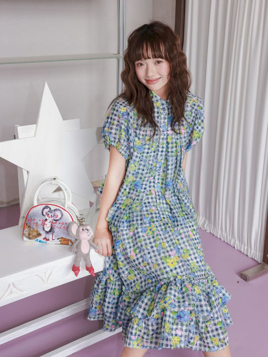 Plaid floral print shirt and skirt set【s0000012819】