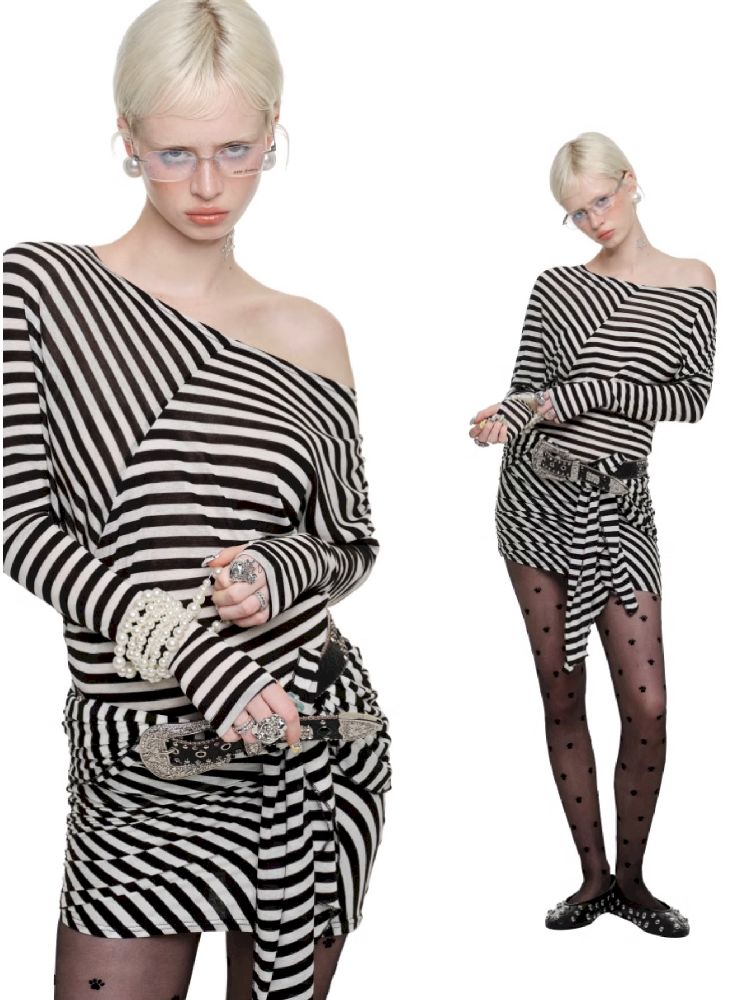 Black and White Striped Raglan Dress【s0000011613】