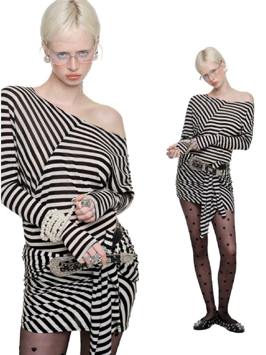 Black and White Striped Raglan Dress【s0000011613】