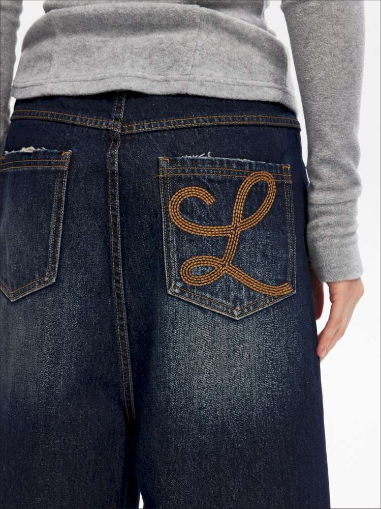 Vintage Yellow Mud Distressed Wide-Leg Jeans【s0000014873】