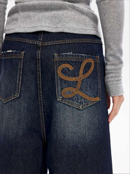 Vintage Yellow Mud Distressed Wide-Leg Jeans【s0000014873】