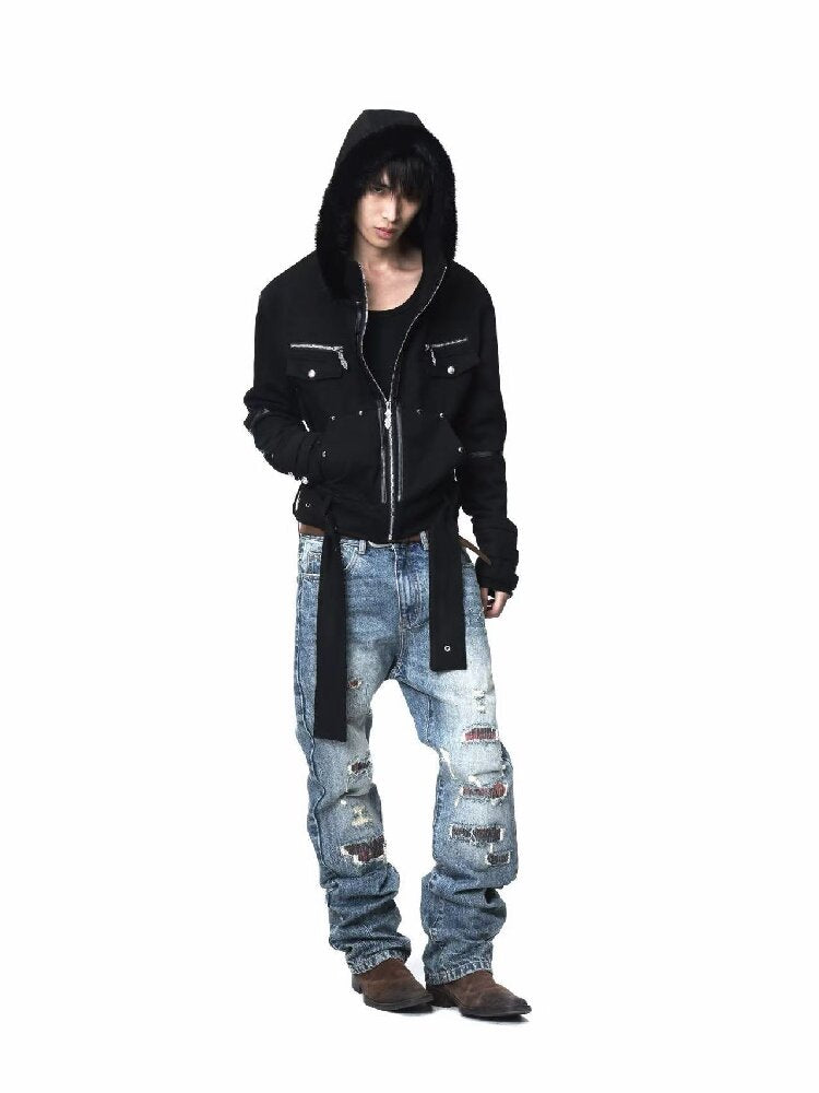 Washed Plaid Ripped Bootcut Jeans【s0000018224】