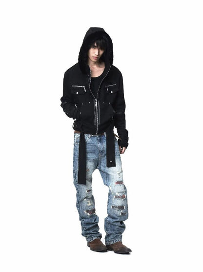 Washed Plaid Ripped Bootcut Jeans【s0000018224】