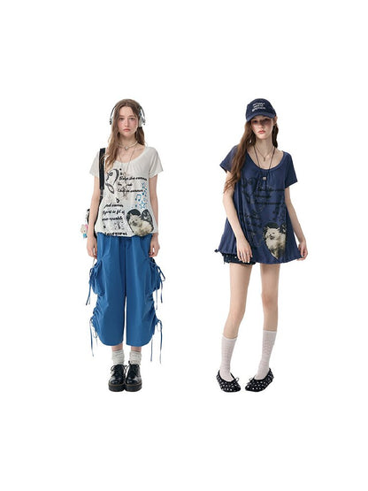 Cat Print Lazy Drawstring T-Shirt【s0000017253】
