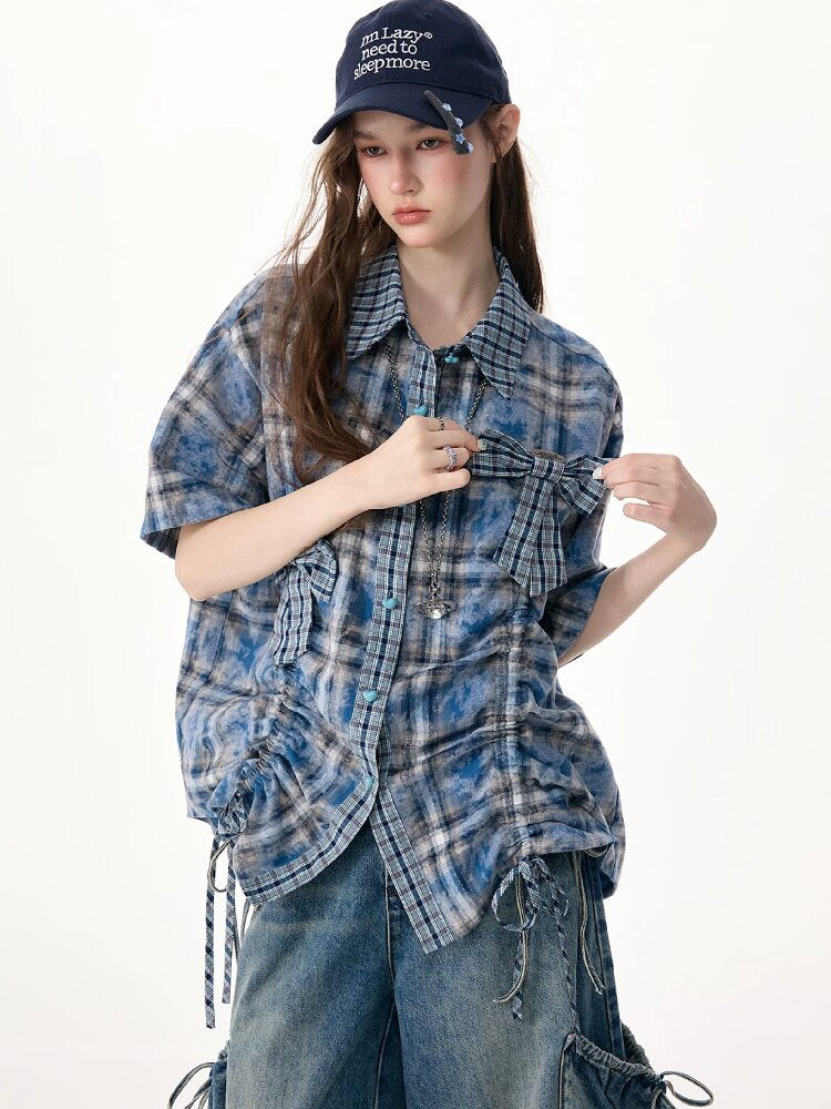 Blue Plaid Bow Preppy Style Shirt【s0000017308】