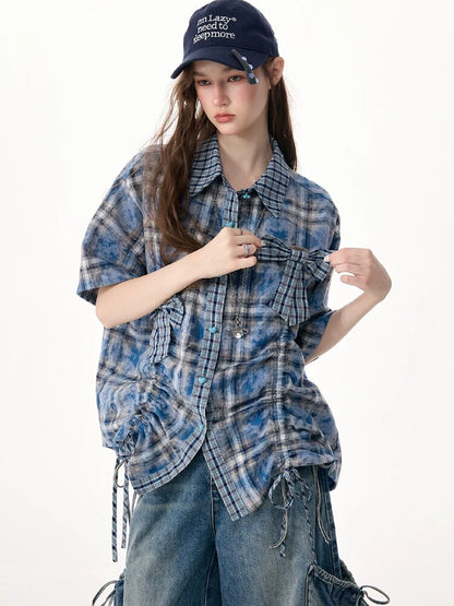 Blue Plaid Bow Preppy Style Shirt【s0000017308】
