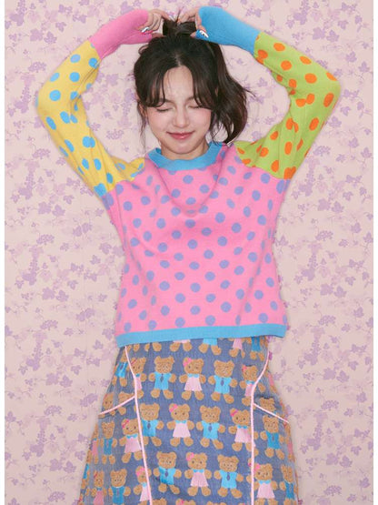 Contrasting Polka Dot Crew Neck Pullover【s0000014827】