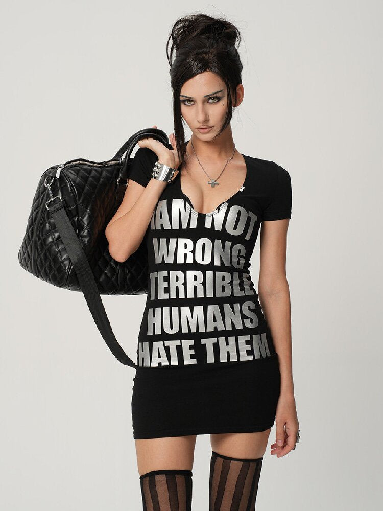 Silver Letter Skull V-Neck Dress【s0000017470】