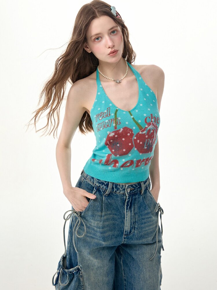 Wave Cherry Print Cropped Top Tank【s0000017305】