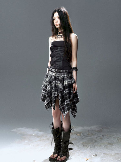 Asymmetrical patchwork plaid strapless dress【s0000012808】