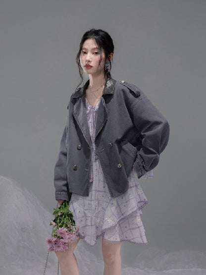 Ink Gray Leather Washed Denim Jacket【s0000015741】