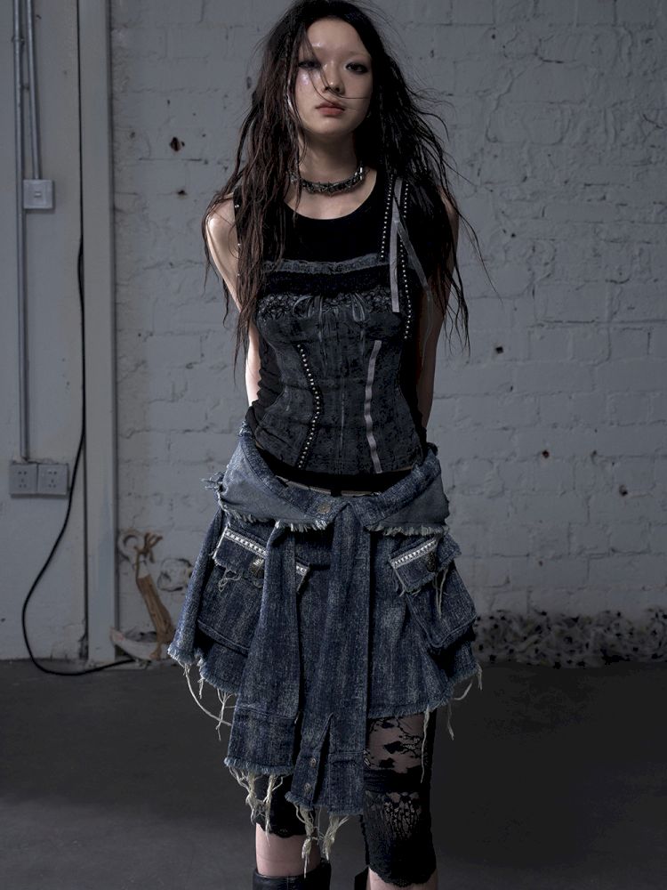 Hooded washed denim shirt dress skirt【s0000012784】