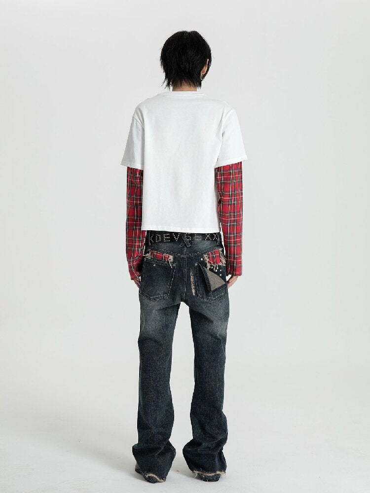 Red Plaid Patch Ripped Jeans【s0000018559】