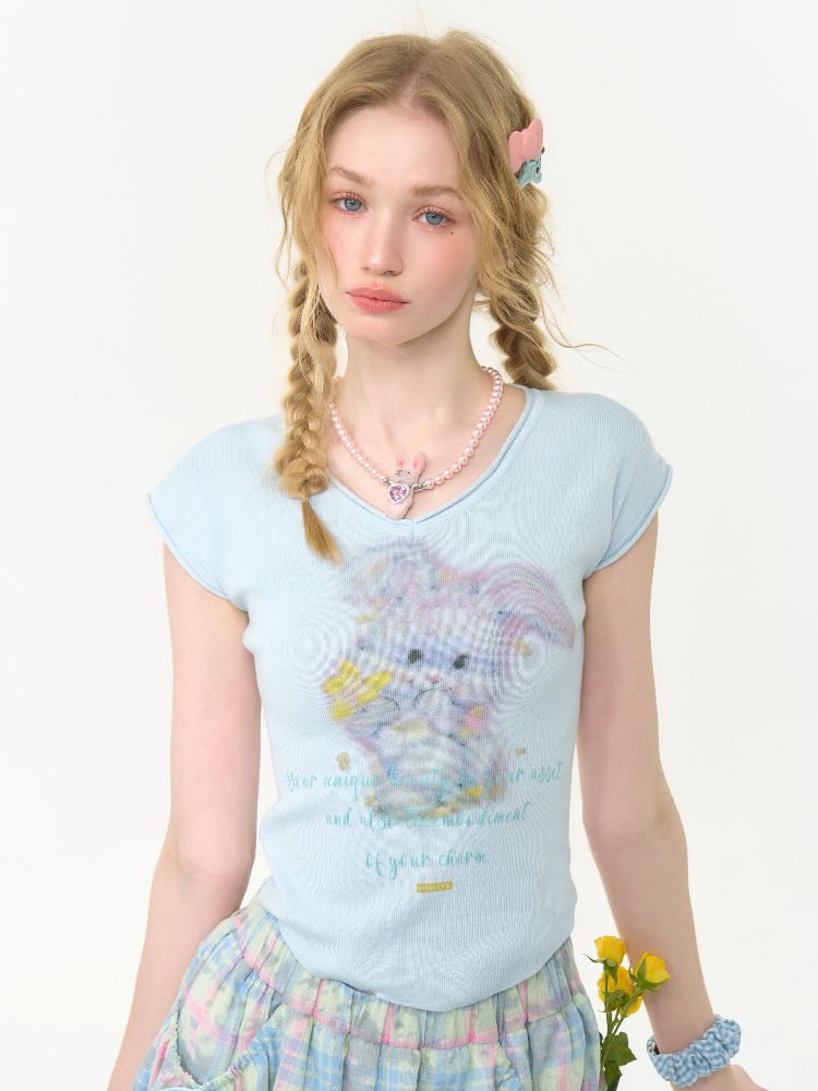 V-neck Baby Blue Short Sleeve T-shirt【s0000012268】