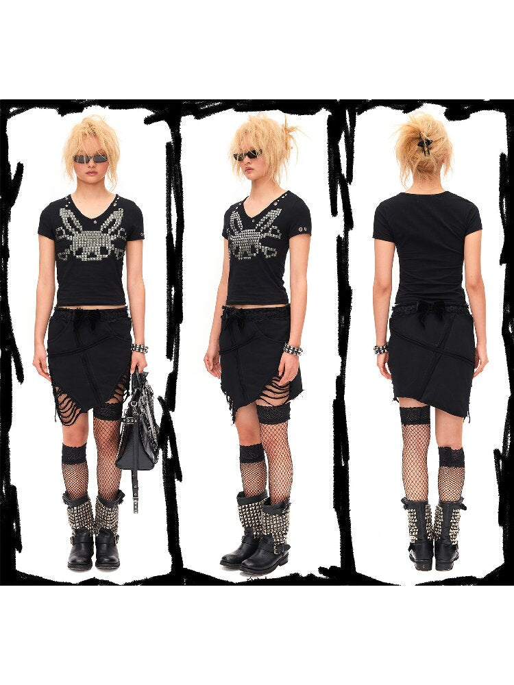 Studded Rabbit Skull Short T-shirt【s0000016936】