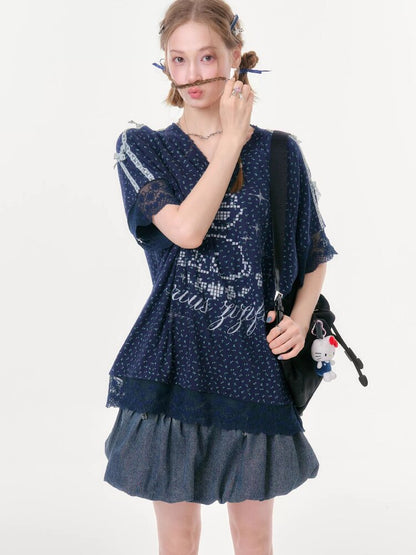 Dark Blue Rabbit Floral Lace T-Shirt【s0000016602】