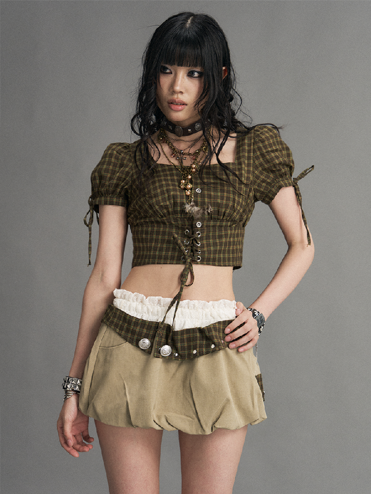 Vintage Lace Plaid Bud Skirt Pants【s0000017529】