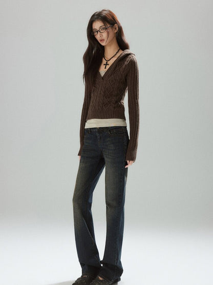 Coffee V-Neck Cropped Wool Sweater【s0000015597】