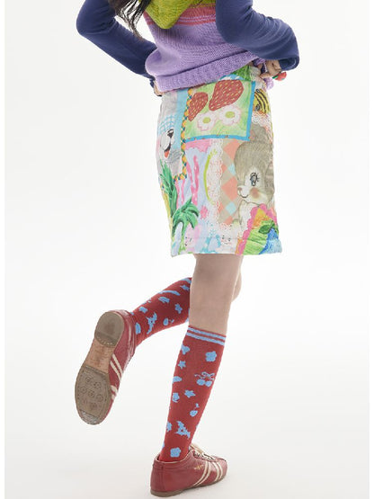 COLORFUL CHILDISH COLLAGE PRINTED HALF SKIRT [S0000010516]