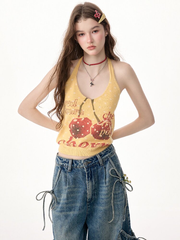 Wave Cherry Print Cropped Top Tank【s0000017304】