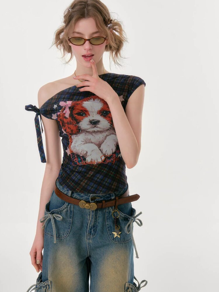 Plaid Print Off Shoulder T-Shirt【s0000016613】