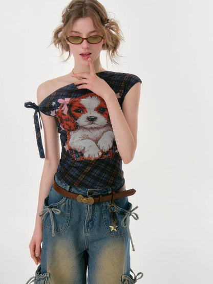 Plaid Print Off Shoulder T-Shirt【s0000016613】