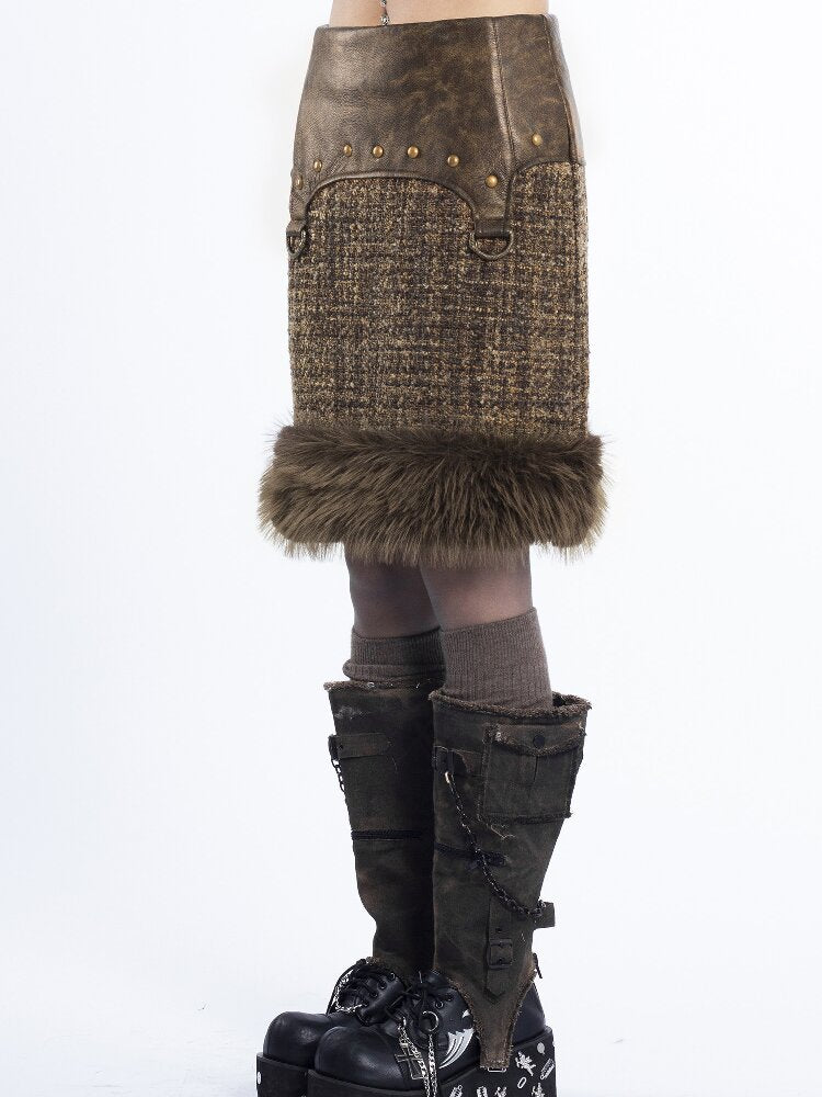 Patchwork PU Fur Rivet Skirt Set【s0000018047】