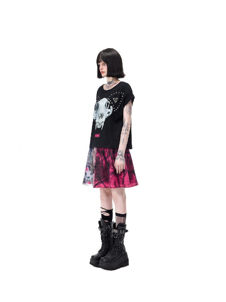 Cat Bone Print Riveted T-Shirt【s0000017714】