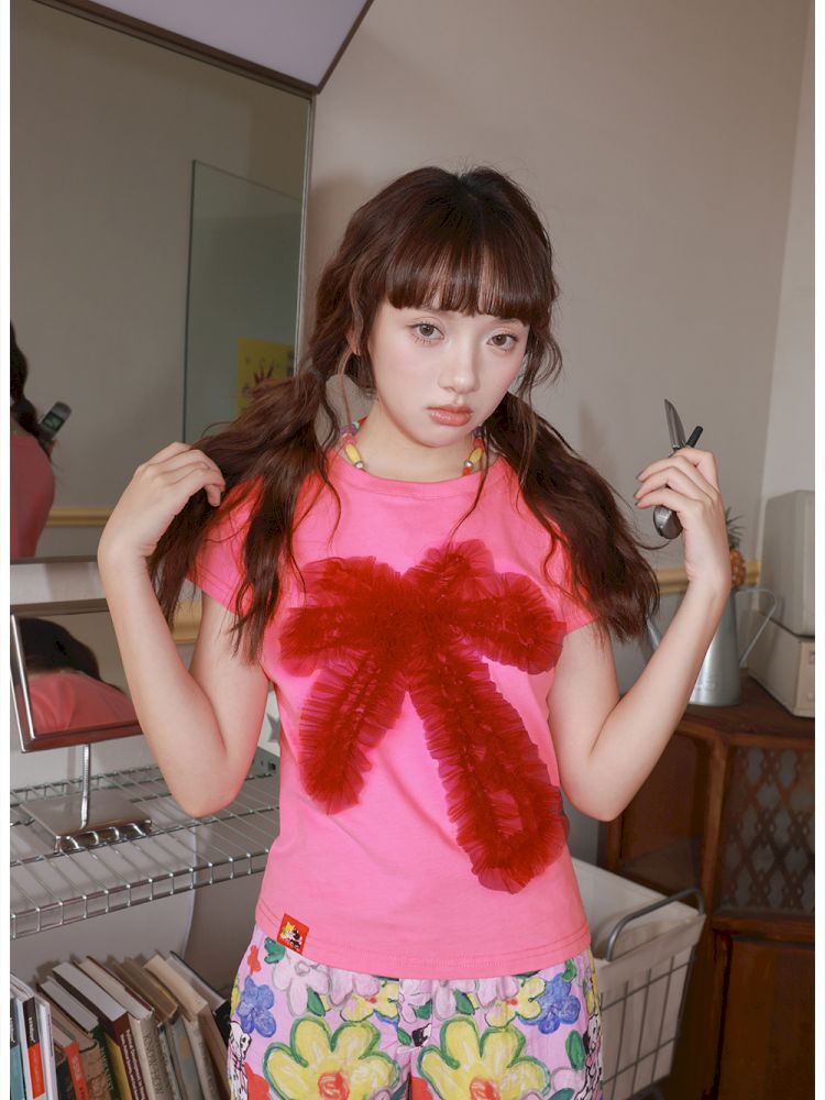 Two-tone mesh bow T-shirt【s0000012828】