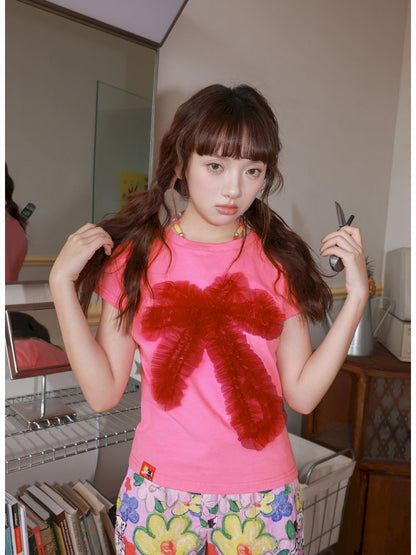 Two-tone mesh bow T-shirt【s0000012828】