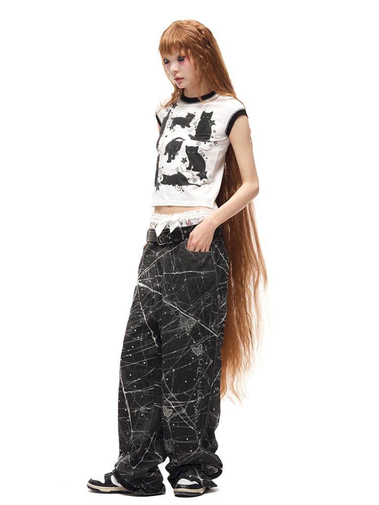 Black Cat Print Short Sleeve T-Shirt【s0000012587】