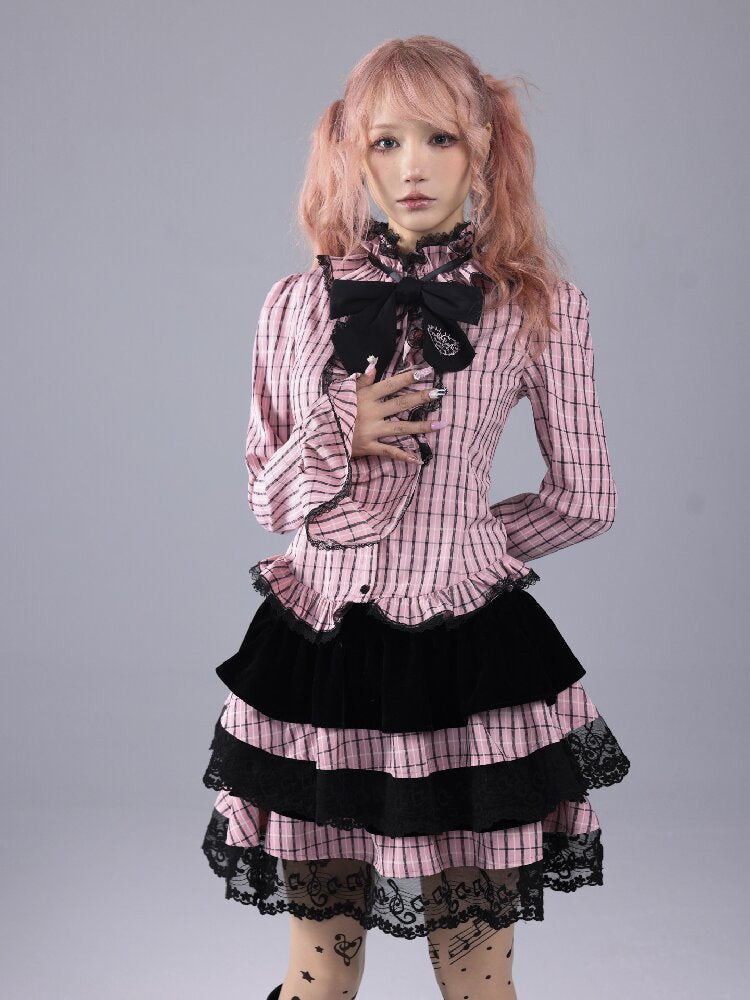 Pink Black Check Bow Flared Shirt【s0000016221】