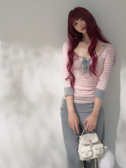 Striped Mid Sleeve Base Top【s0000019262】
