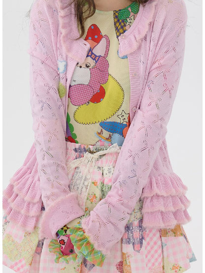 Pink Lace Bow Cut Out Knit Cardigan【s0000016196】