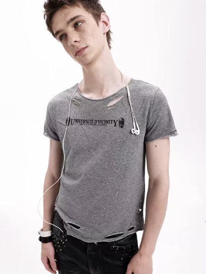 Vintage Faded Gray Damaged T-Shirt【s0000018295】