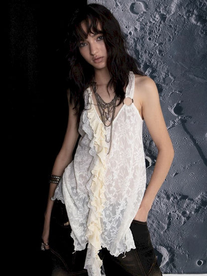 Spliced Ruffle Lace Dark Jacquard Camisole Tank Top【s0000008477】