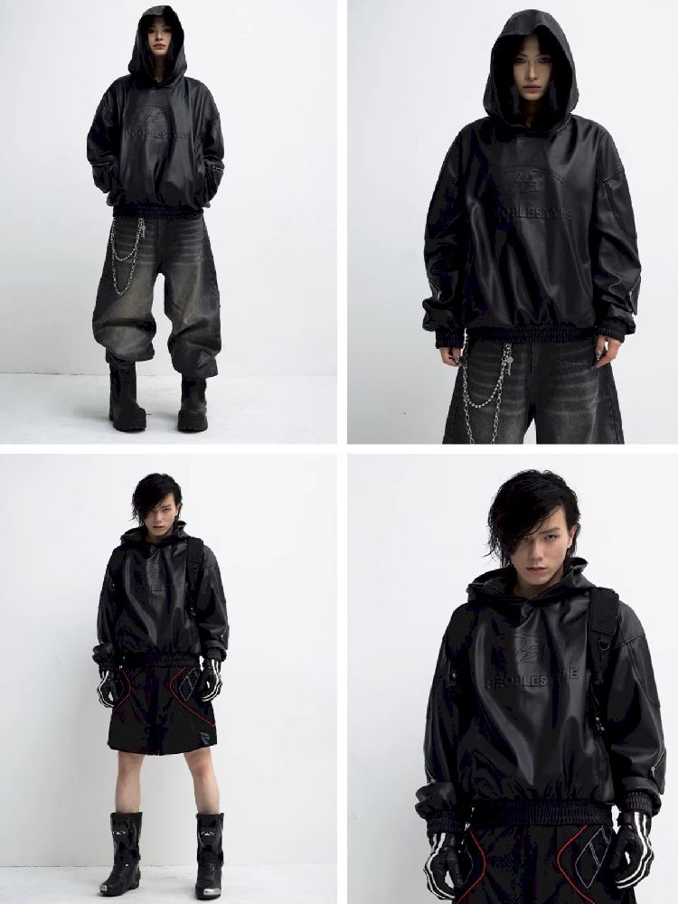 PU Leather Black Hooded Sweatshirt【s0000011348】