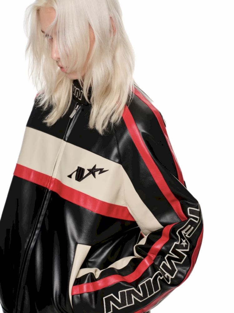 Embroidery Biker Leather Jacket [S0000010637]