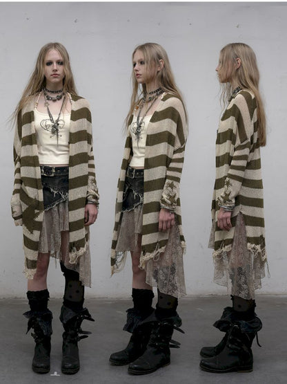Striped knit loose bat-sleeve sunscreen hoodie【s0000012319】