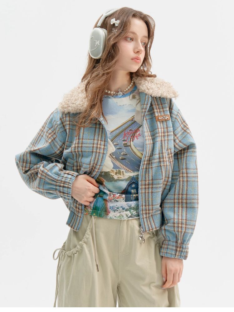 모피 칼라 슬림 블루 격자 무늬 짧은 코트 [S0000011507]