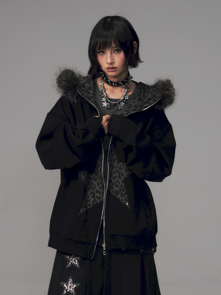 Cat Ears Leopard Print Fleece Hooded Jacket【s0000014708】