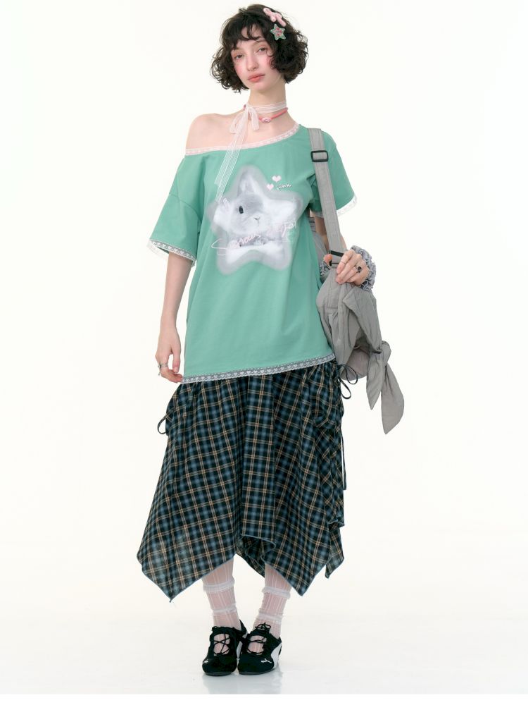 Lace edge large round neck loose short sleeve t-shirt【s0000013373】