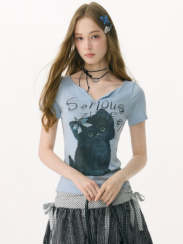Vneck Cat Print Short Sleeve T Shirt【s0000017158】